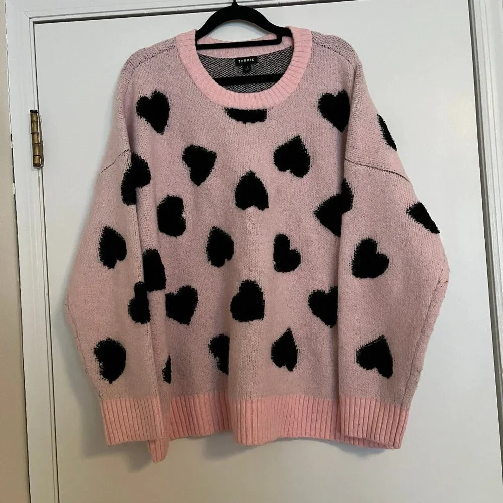 Torrid Size 1x Pink Hearts Valentine’s Day Vegan Cashmere Pullover Sweater - Picture 4 of 9